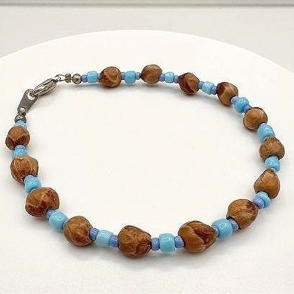 Vintage Y2K Beaded Bracelet Blue Seed Beads Brown Natural‎ Nut Wood Boho Jewelry